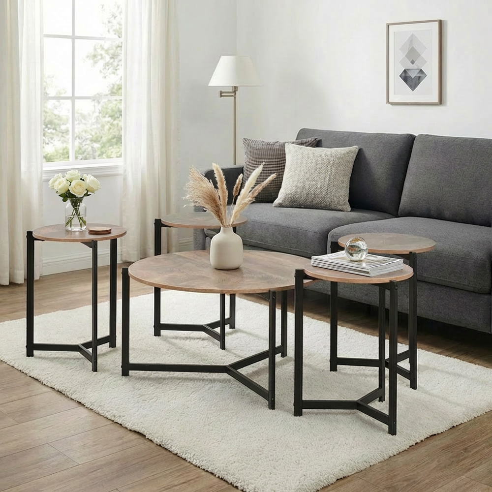 طقم طاولات خدمة خشب 5 قطع بأرجل معدنية بني