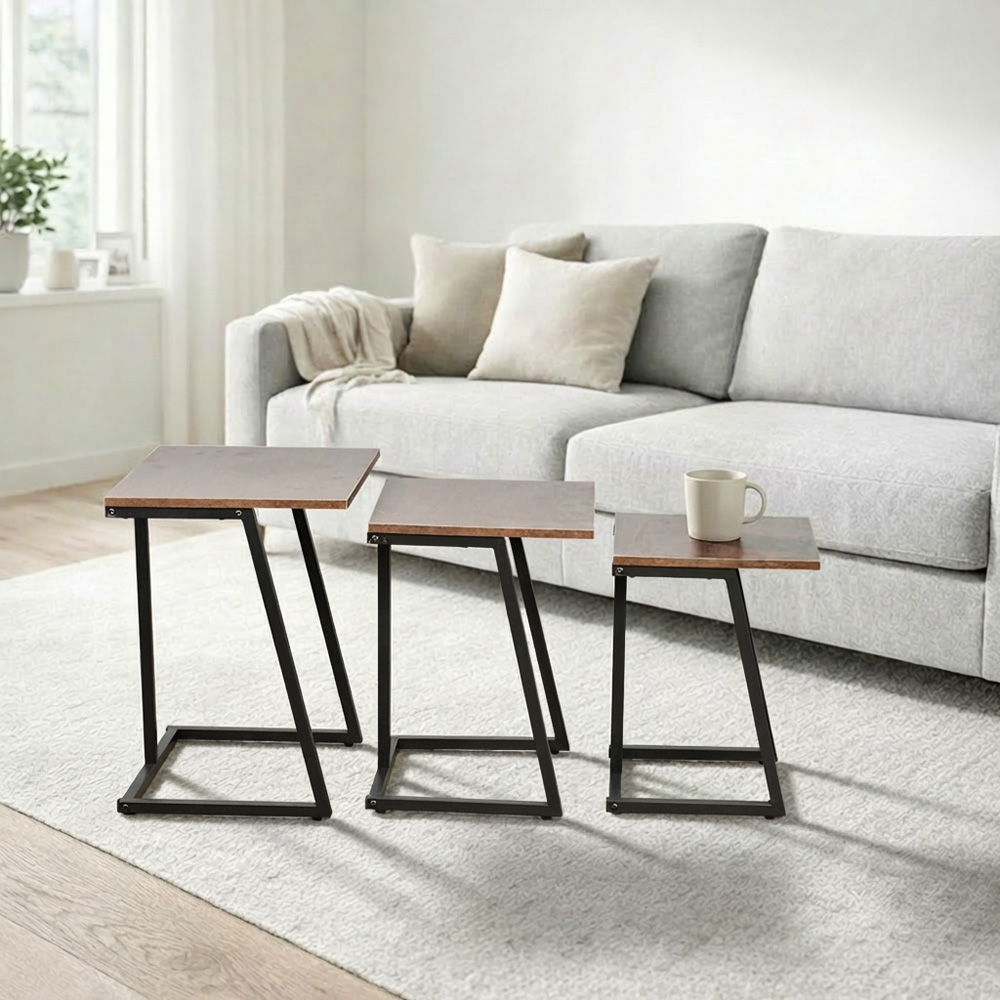 طقم طاولات خدمة خشب 3 قطع بأرجل معدنية بني
