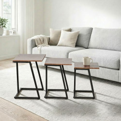 طقم طاولات خدمة خشب 3 قطع بأرجل معدنية بني