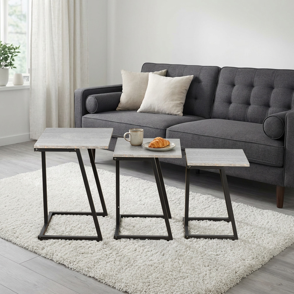 طقم طاولات خدمة خشب 3 قطع بأرجل معدنية رمادي
