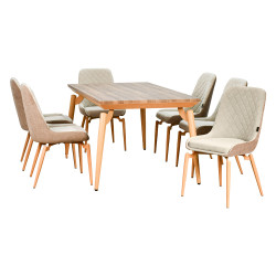 طاولة طعام خشب بأرجل معدنية 6 كراسي بيج