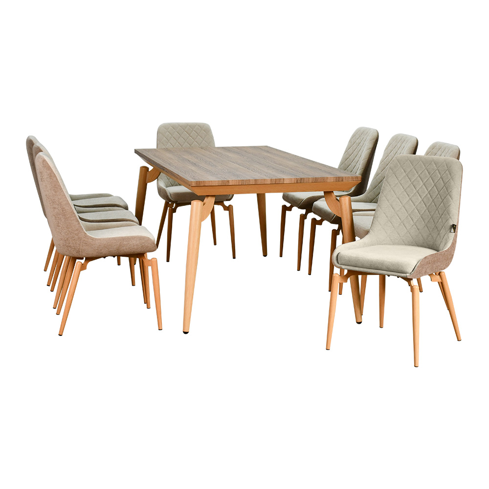 طاولة طعام خشب بأرجل معدنية 8 كراسي بيج