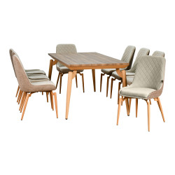 طاولة طعام خشب بأرجل معدنية 8 كراسي بيج