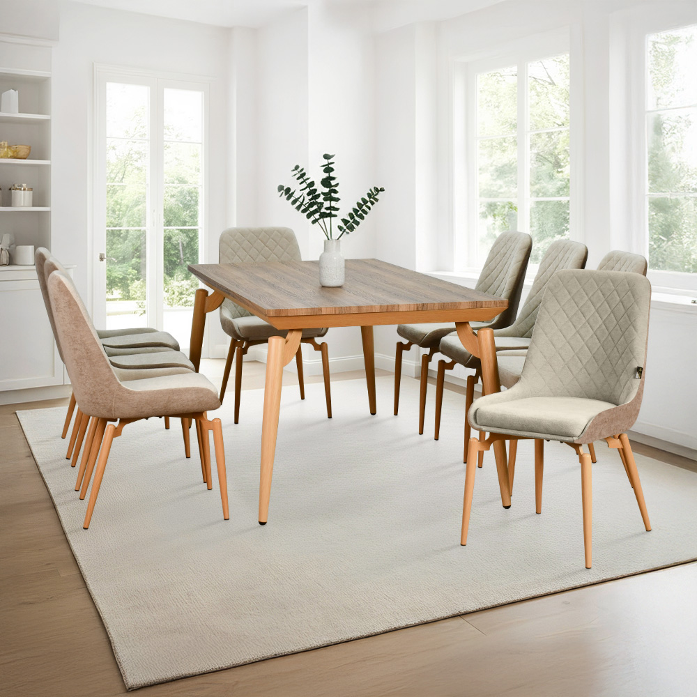 طاولة طعام خشب بأرجل معدنية 8 كراسي بيج