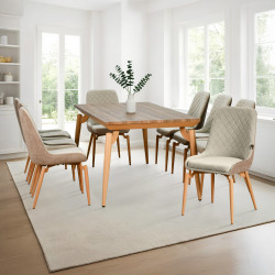 طاولة طعام خشب بأرجل معدنية 8 كراسي بيج