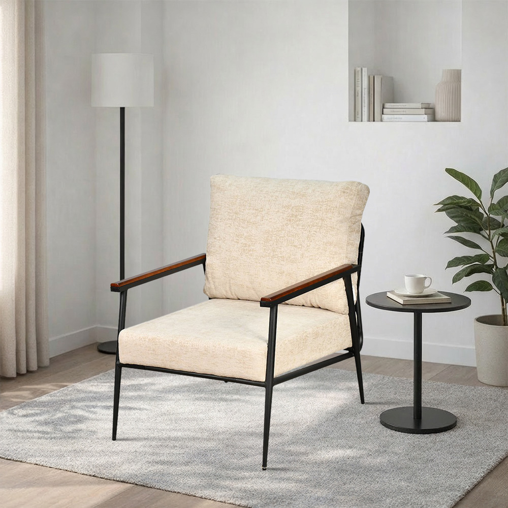 كرسي مفرد قماش بهيكل معدني تصميم عصري بيج