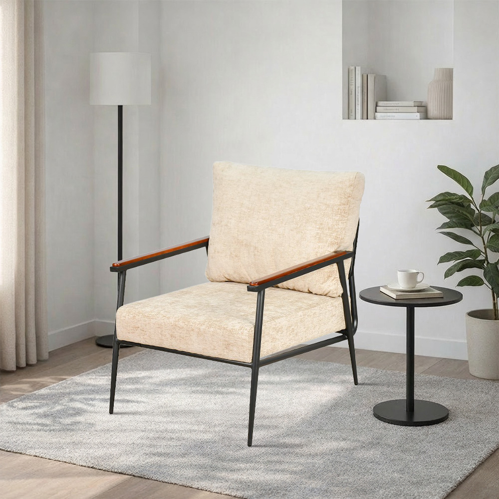 كرسي مفرد مخمل بهيكل معدني تصميم عصري بيج