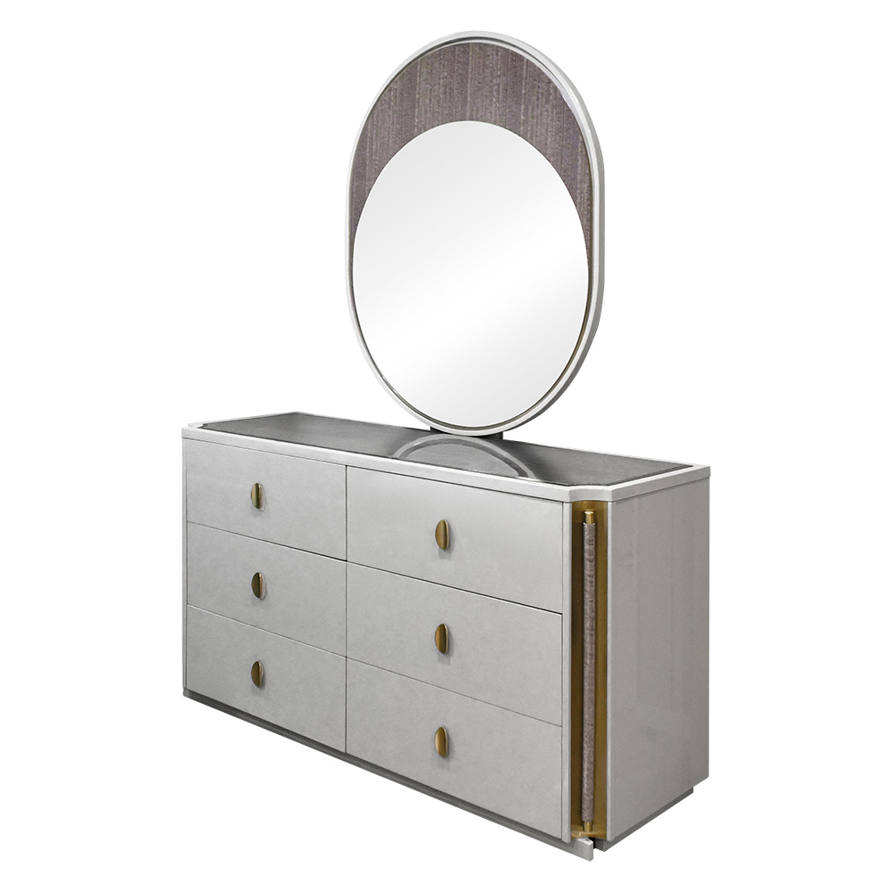 غرفة نوم متكاملة مودرن ملكي 8 قطع خشب وجلد فاخر - رمادي × ذهبي