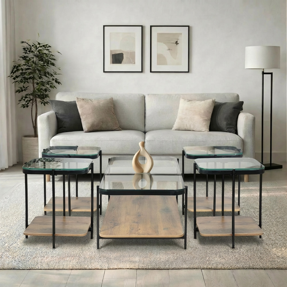 طقم طاولات خدمة 5 قطع من الزجاج بني فاتح 120 سم