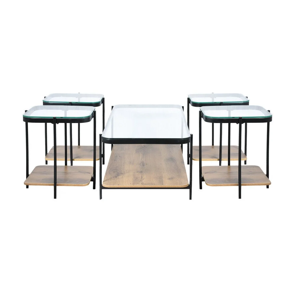 طقم طاولات خدمة 5 قطع من الزجاج بني فاتح 120 سم