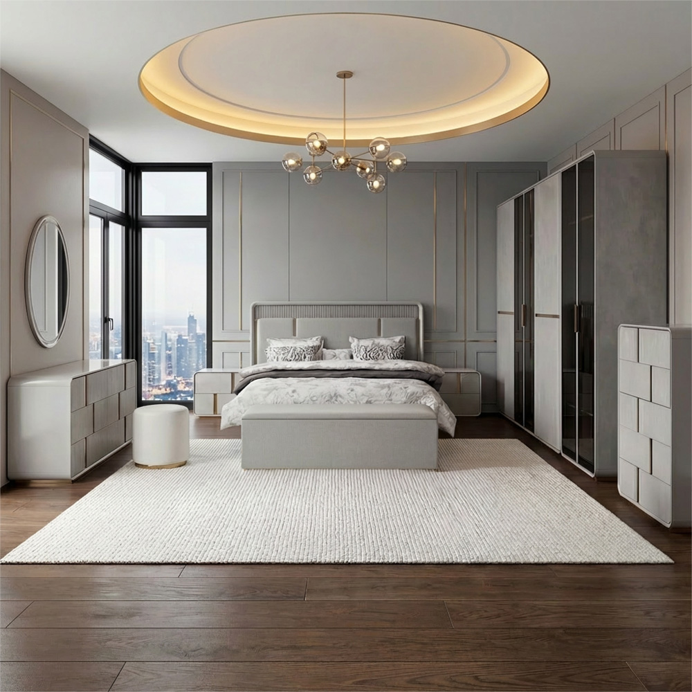 غرفة نوم متكاملة مودرن 8 قطع خشب فاخر - رمادي