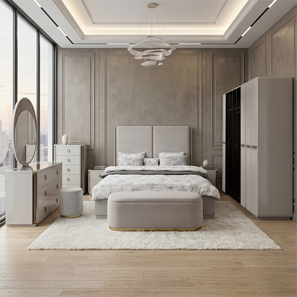 غرفة نوم متكاملة مودرن ملكي 8 قطع خشب وجلد فاخر - رمادي × ذهبي