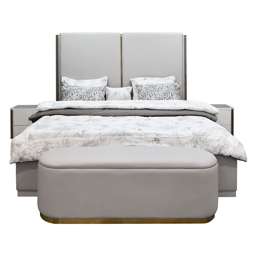 غرفة نوم متكاملة مودرن ملكي 8 قطع خشب وجلد فاخر - رمادي × ذهبي