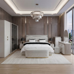 غرفة نوم متكاملة مودرن ملكي 8 قطع خشب وبوكليه - بيج × ذهبي