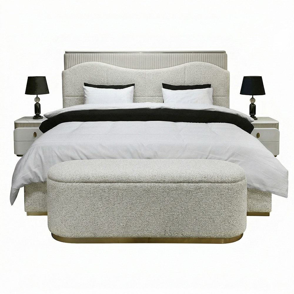 غرفة نوم متكاملة مودرن ملكي 8 قطع خشب وبوكليه - بيج × ذهبي غرفة نوم متكاملة مودرن ملكي 8 قطع خشب وبوكليه - بيج × ذهبي