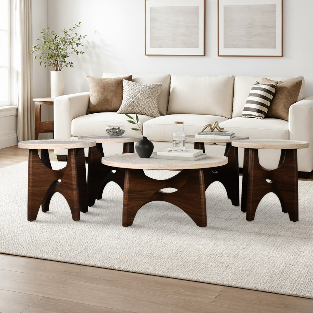 طقم طاولات خدمة 5 قطع خشبي مودرن فاخر بني × بيج