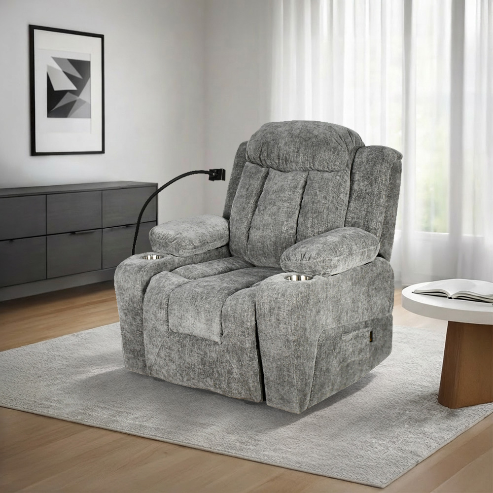 كرسي استرخاء فخم هزاز دوار بحامل جوال رمادي غامق