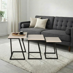 طقم طاولات خدمة خشب 3 قطع بأرجل معدنية بيج