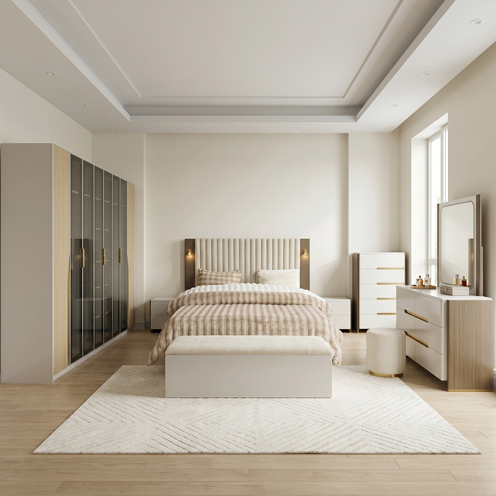 غرفة نوم متكاملة مودرن 8 قطع خشب فاخر - بيج