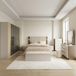 غرفة نوم متكاملة مودرن 8 قطع خشب فاخر - بيج