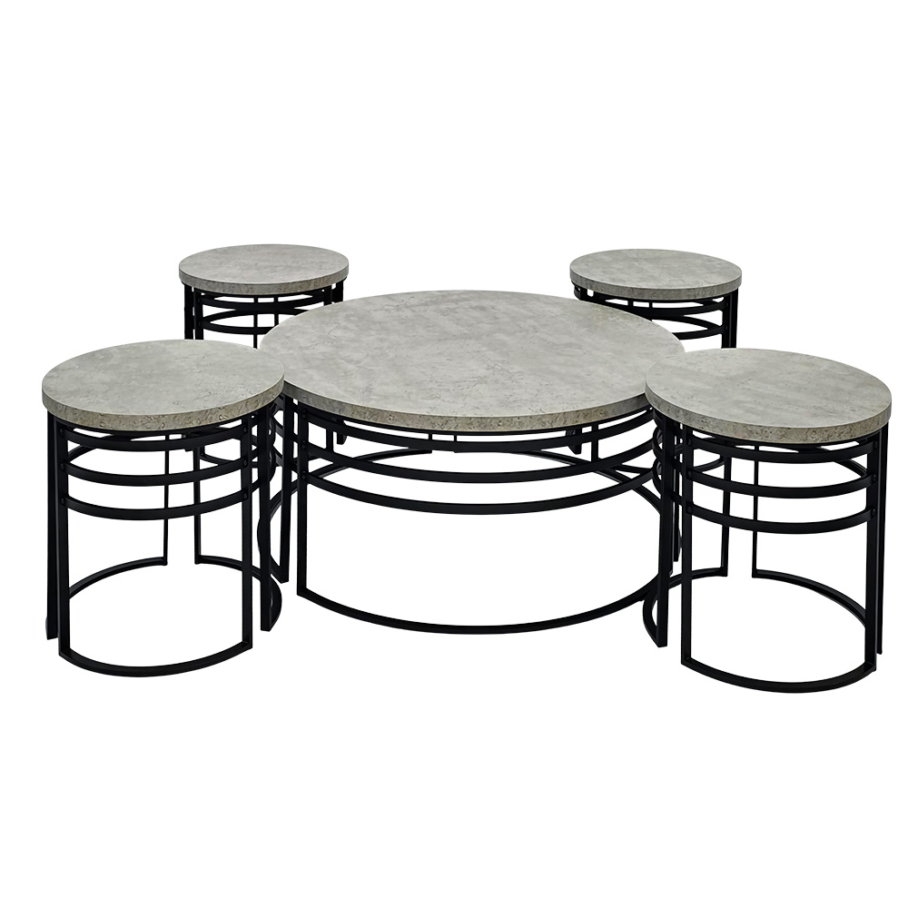 طقم طاولات خدمة 5 قطع مودرن خشبي بقاعدة معدنية رمادي