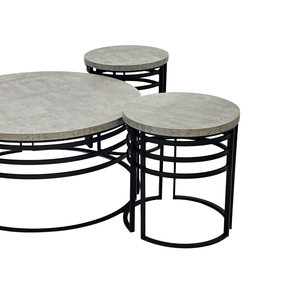 طقم طاولات خدمة 5 قطع مودرن خشبي بقاعدة معدنية رمادي