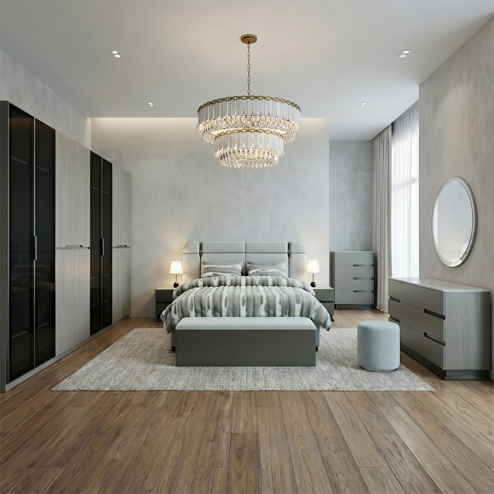 غرفة نوم متكاملة مودرن 8 قطع خشب فاخر - رمادي