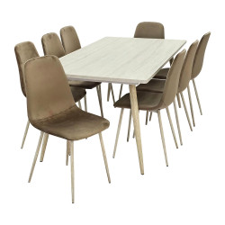 طاولة طعام خشب 8 كراسي مخمل عصري بيج