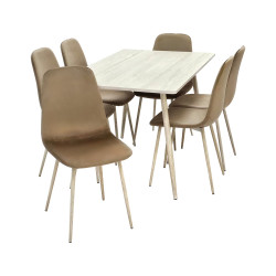 طاولة طعام خشب 6 كراسي مخمل عصري بيج