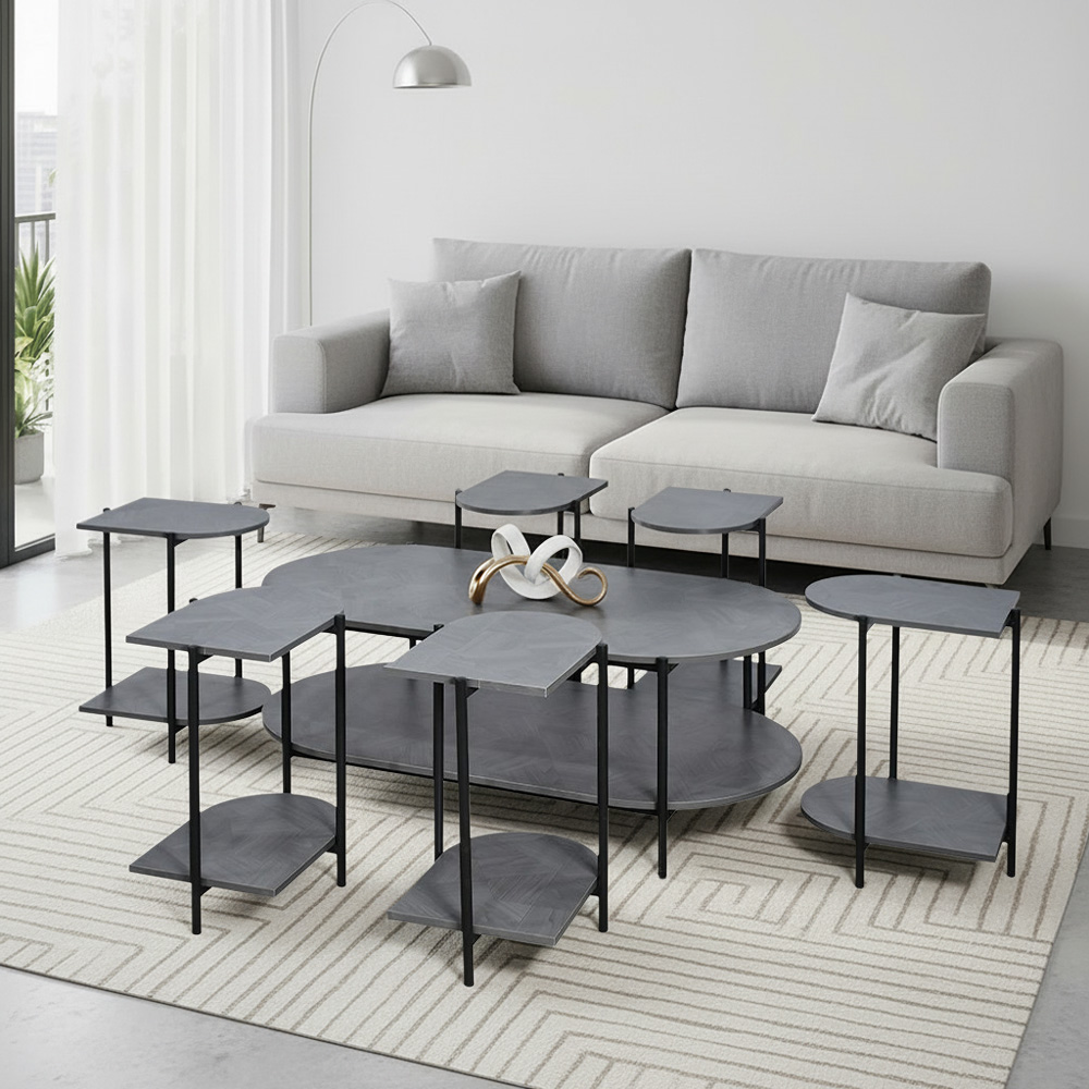 طقم طاولات خدمة 7 قطع 2 دور خشبي رمادي