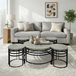 طقم طاولات خدمة 5 قطع مودرن خشبي بقاعدة معدنية رمادي