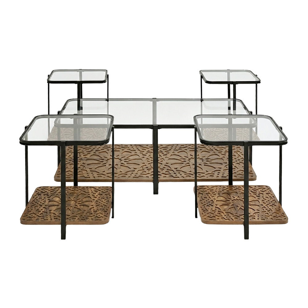 طقم طاولات خدمة 5 قطع 2 دور سطح زجاجي بني