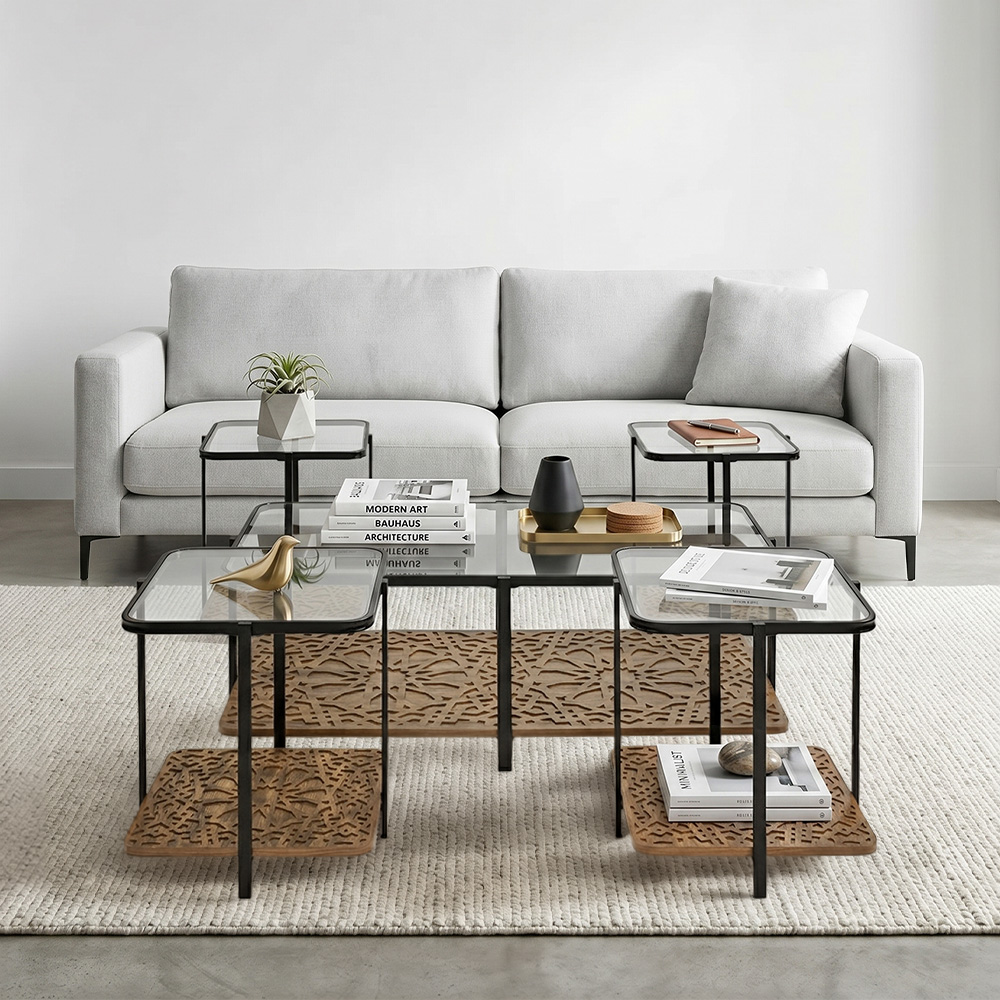 طقم طاولات خدمة 5 قطع 2 دور سطح زجاجي بني