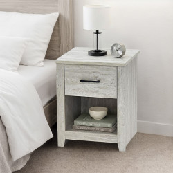 طاولة سرير جانبية خشب بـ درج عملي رمادي حجري