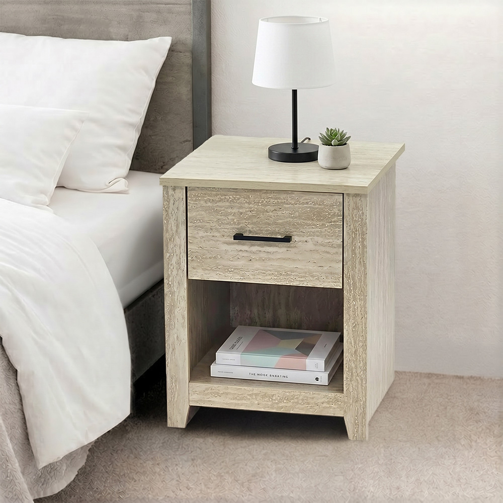 طاولة سرير جانبية خشب بـ درج عملي بيج