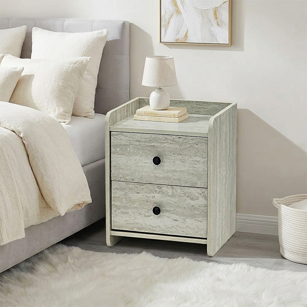 طاولة سرير جانبية خشب بـ 2 درج عملي رمادي