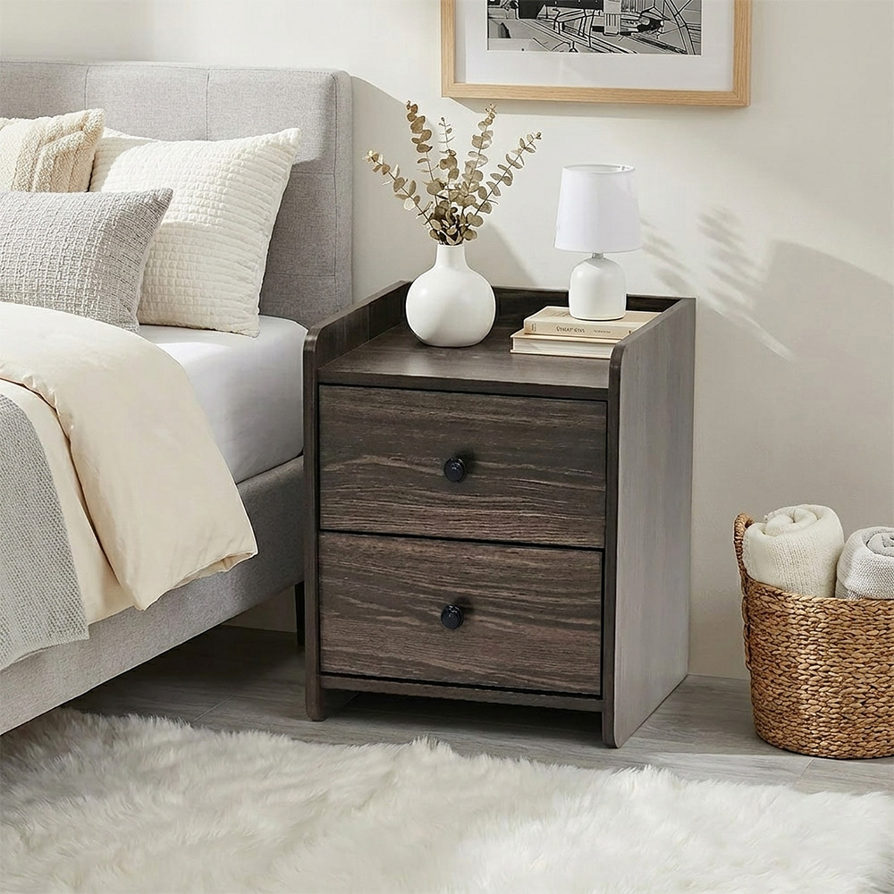 طاولة سرير جانبية خشب بـ 2 درج عملي بني