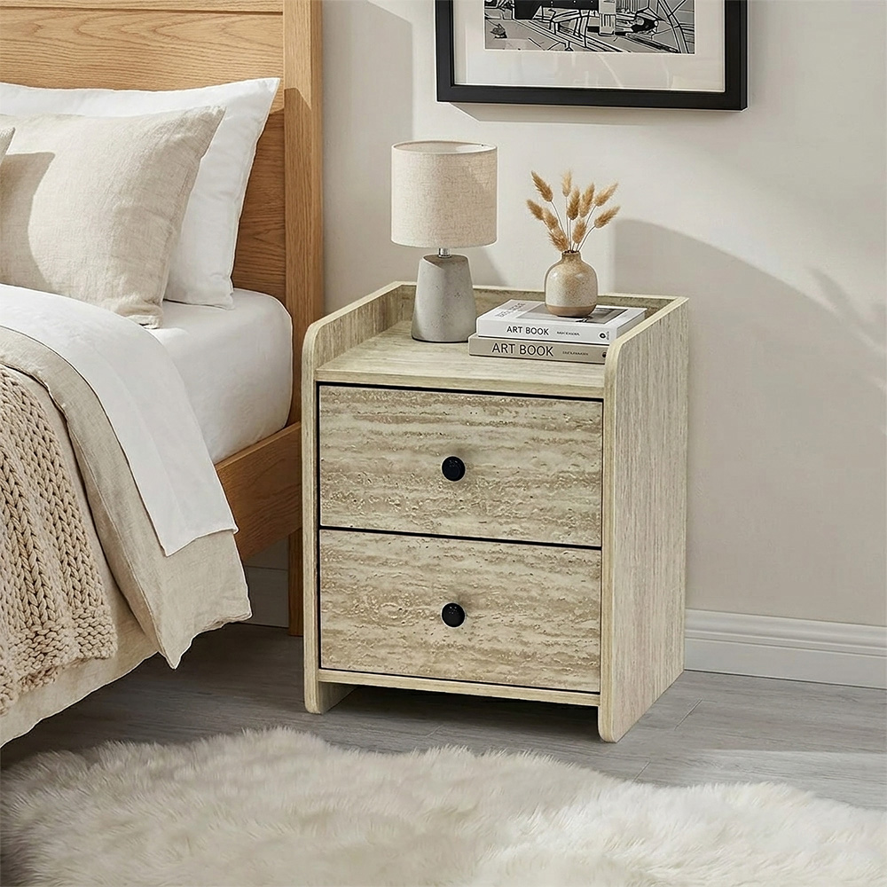 طاولة سرير جانبية خشب بـ 2 درج عملي بيج