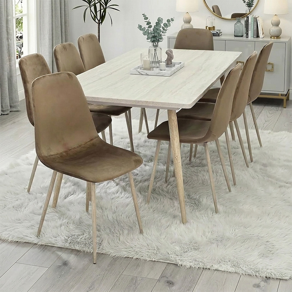 طاولة طعام خشب 8 كراسي مخمل عصري بيج