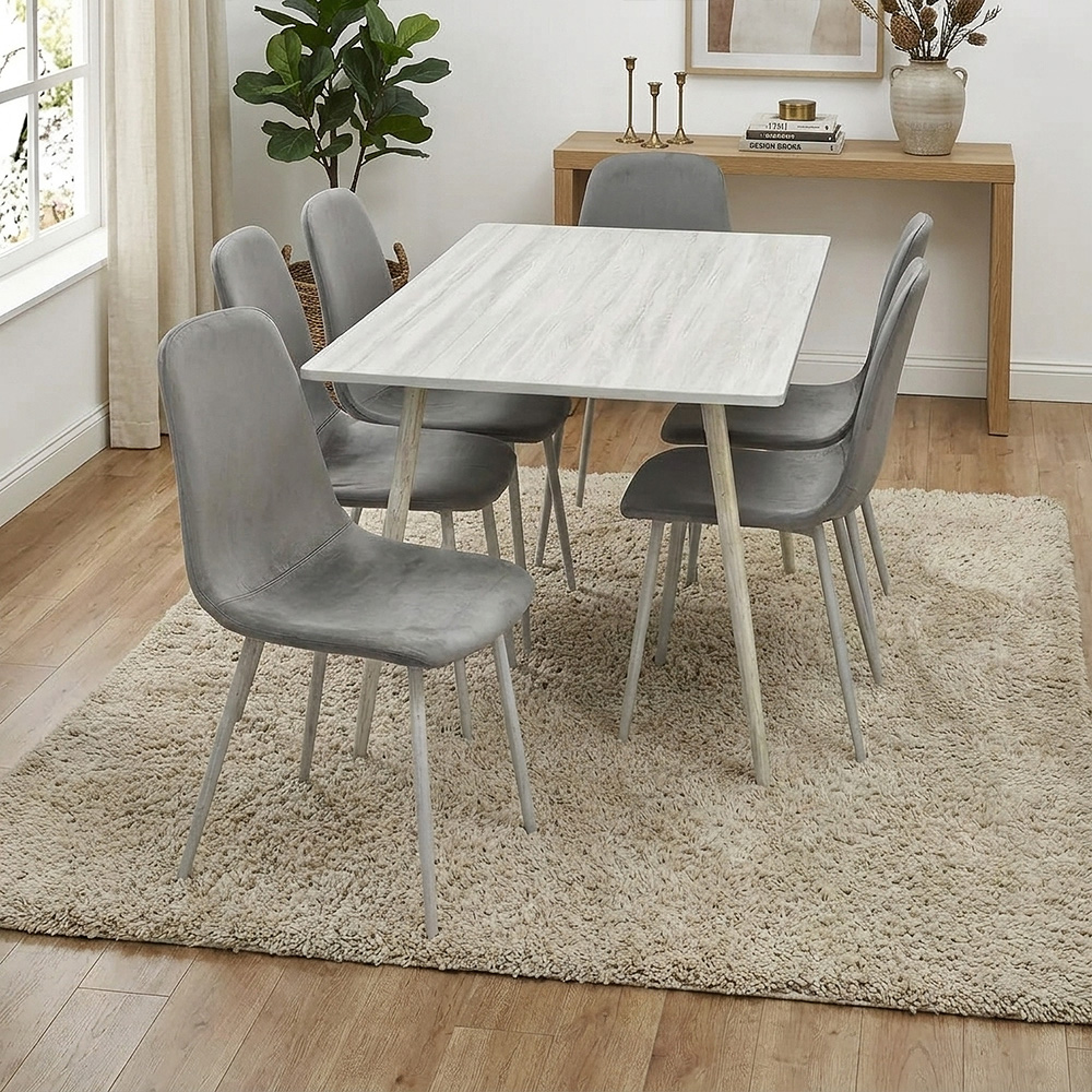 طاولة طعام خشب 6 كراسي مخمل عصري رمادي