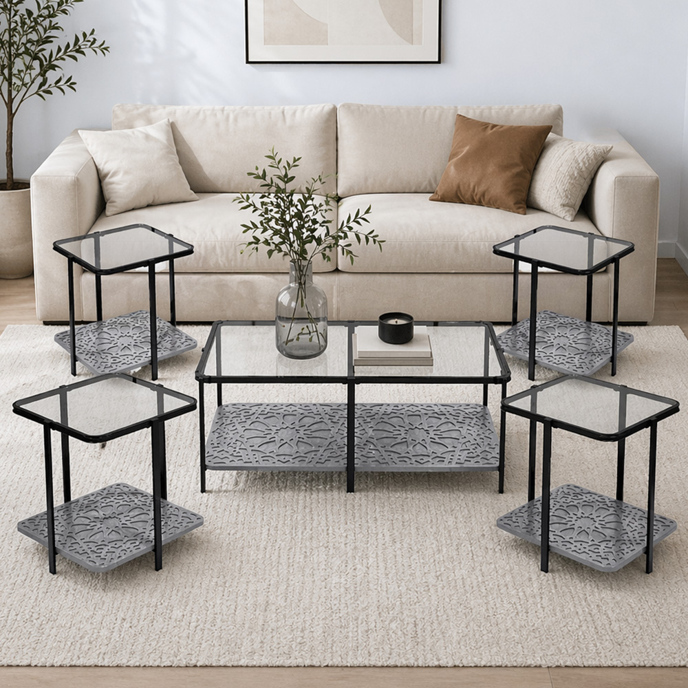 طقم طاولات خدمة 5 قطع 2 دور سطح زجاجي رمادي