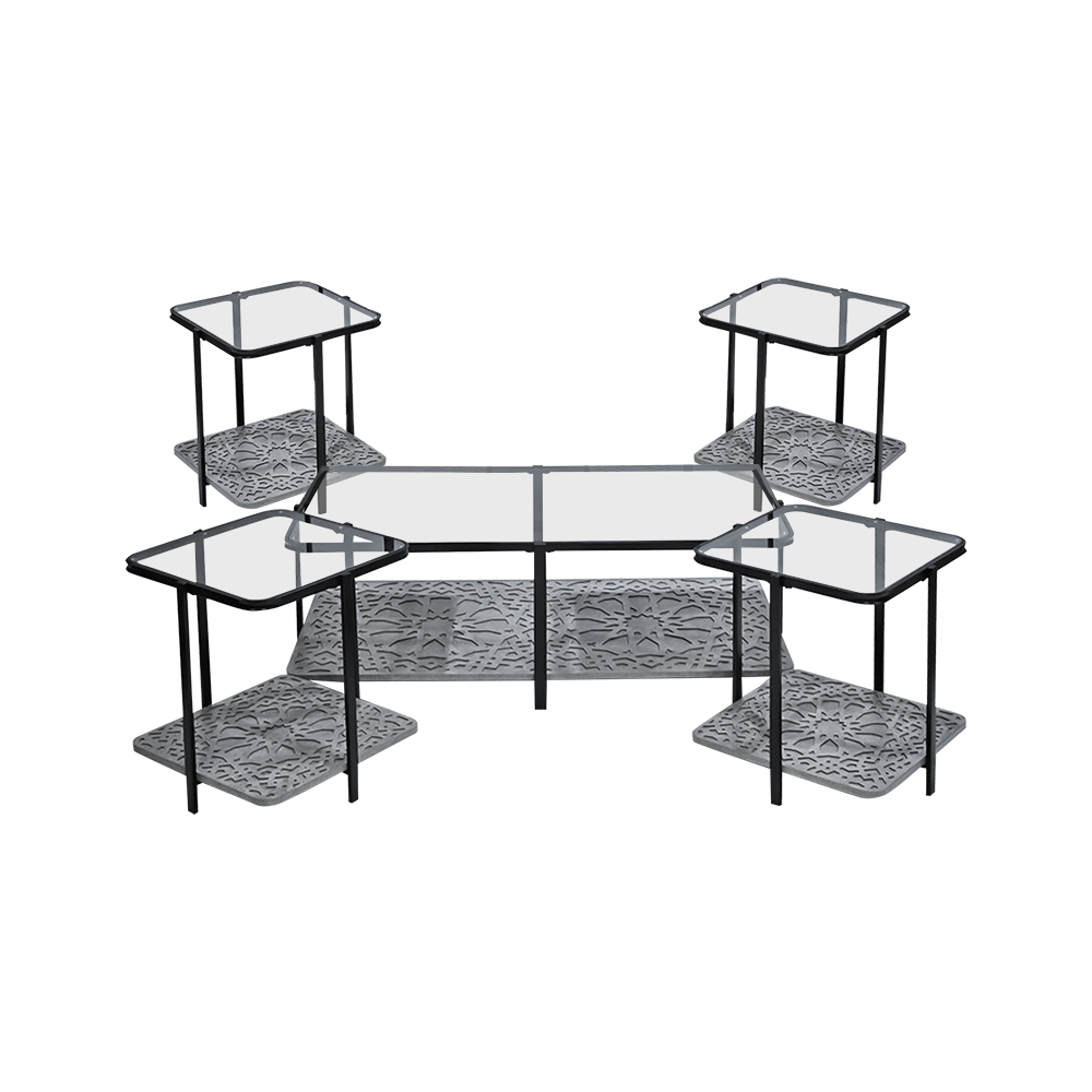 طقم طاولات خدمة 5 قطع 2 دور سطح زجاجي رمادي