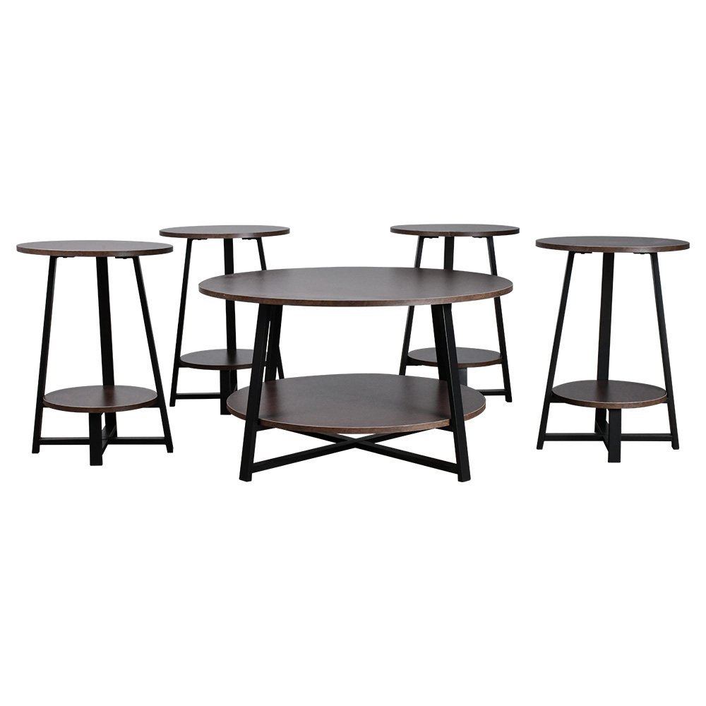 طقم طاولات خدمة 5 قطع خشبي بقاعدة معدنية 2 دور بني