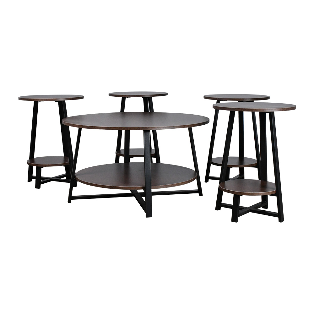 طقم طاولات خدمة 5 قطع خشبي بقاعدة معدنية 2 دور بني