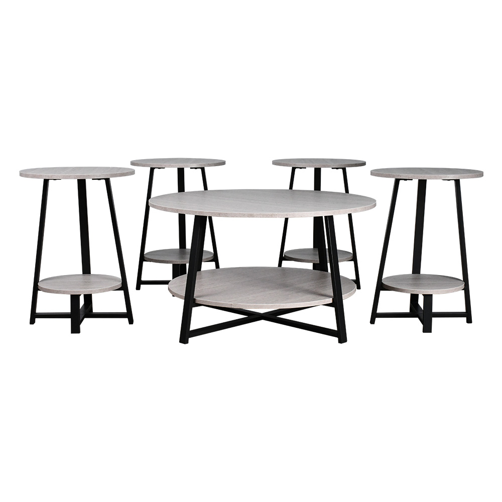 طقم طاولات خدمة 5 قطع خشبي بقاعدة معدنية 2 دور بيج