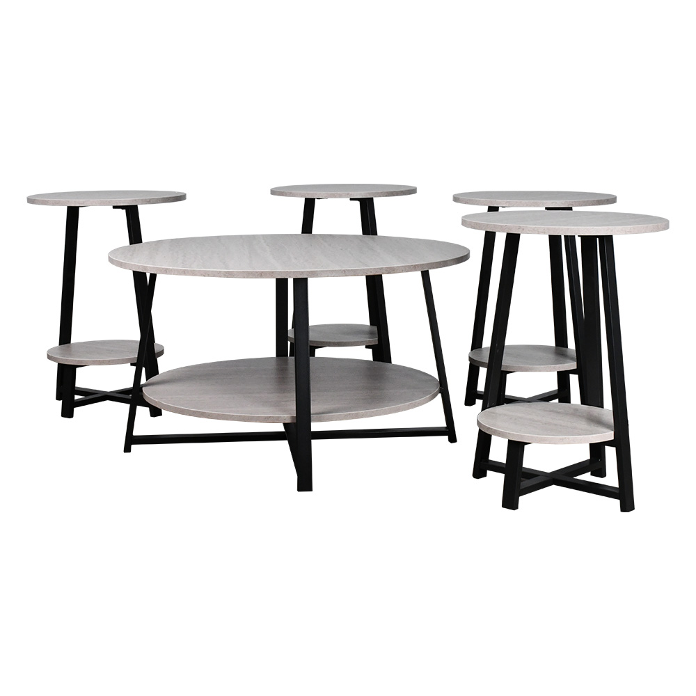 طقم طاولات خدمة 5 قطع خشبي بقاعدة معدنية 2 دور بيج