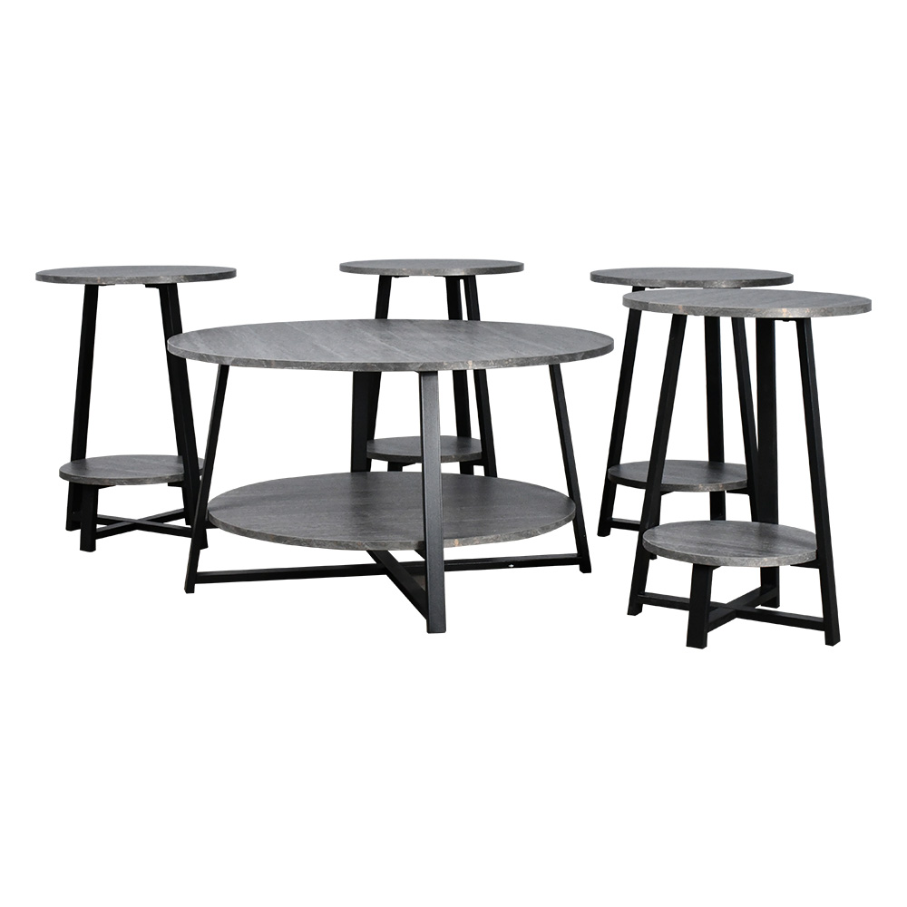 طقم طاولات خدمة 5 قطع خشبي بقاعدة معدنية 2 دور رمادي