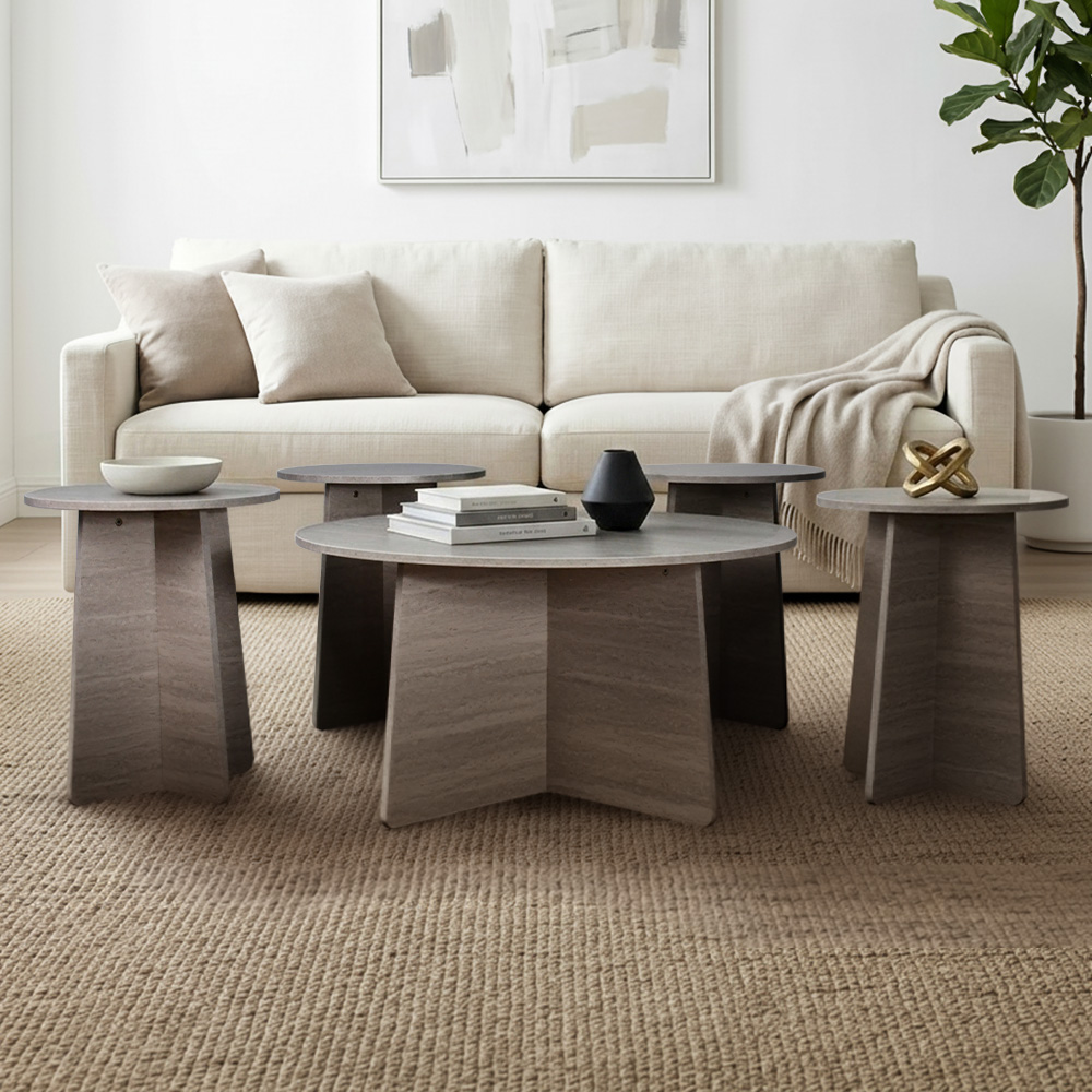 طقم طاولات خدمة 5 قطع خشبي بيج