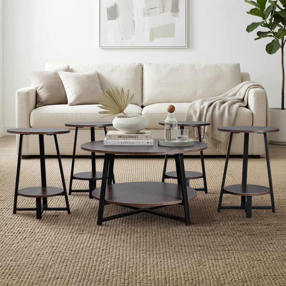 طقم طاولات خدمة 5 قطع خشبي بقاعدة معدنية 2 دور بني