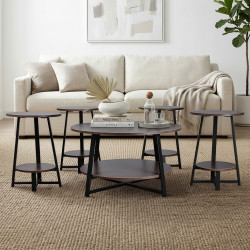 طقم طاولات خدمة 5 قطع خشبي بقاعدة معدنية 2 دور بني